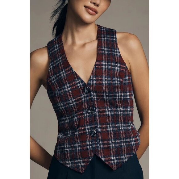 Anthropologie Plaid Vest with Buttons and Back Belt in Navy by Eva Franco - Picture 4 of 4